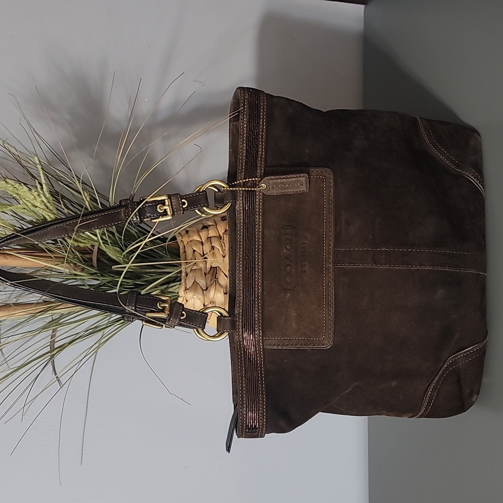 Coach Hampton Gallery Tote Satchel Sequin Detail Chocolate Brown Suede Vintage